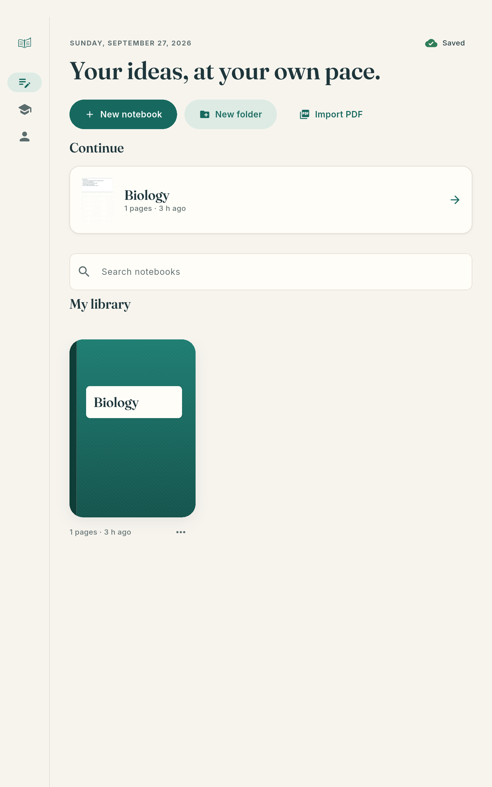 studIA Notes library screen with notebooks sorted into folders